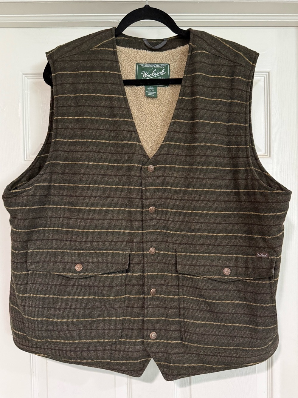 Woolrich Men's Olive Brown Striped Quilted Vest with Sherpa Lining